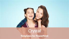  Presentation with teens - Cool new PPT theme with people friends teens and friendship concept - happy smiling pretty teenage girls hugging over blue background backdrop and a coral colored foreground