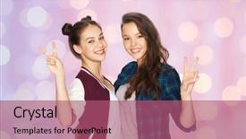  Presentation with happy holidays - Amazing PPT layouts having people friends teens and friendship concept - happy smiling pretty teenage girls hugging and showing peace hand sign over pink holidays lights background backdrop and a violet colored foreground