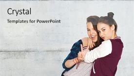  Presentation with teens - Beautiful theme featuring people friends teens and friendship concept - happy smiling pretty teenage girls hugging and showing peace hand sign over gray stone wall background backdrop and a light gray colored foreground