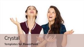 Presentation with teens - Beautiful theme featuring people friends teens and friendship concept - happy smiling pretty teenage girls hugging backdrop and a coral colored foreground