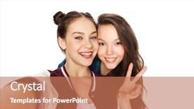  Presentation with teens - Colorful slides enhanced with people friends teens and friendship concept - happy smiling pretty teenage girls taking selfie and showing peace sign backdrop and a coral colored foreground