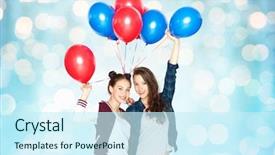  Presentation with helium - Audience pleasing slide deck consisting of people friends teens holidays and party concept - happy smiling pretty teenage girls with helium balloons over blue holidays lights background backdrop and a cool aqua colored foreground