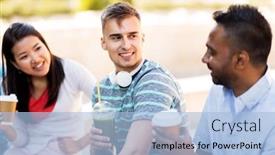  Presentation with people talking - Slides consisting of people friendship and international concept - group of happy friends drinking coffee and juice talking in city background and a light blue colored foreground