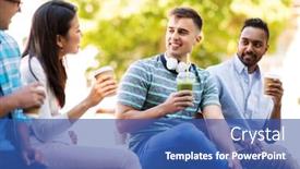  Presentation with people talking - Theme featuring people friendship and international concept - group of happy friends drinking coffee and juice talking in city background and a ocean colored foreground