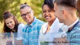  Presentation with takeaway coffee - PPT layouts having people friendship and international concept - group of happy friends drinking takeaway coffee and juice talking in park background and a light blue colored foreground