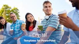  Presentation with takeaway coffee - Colorful slides enhanced with people friendship and international concept - group of happy friends drinking takeaway coffee and juice talking in city backdrop and a teal colored foreground