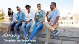  Presentation with takeaway coffee - Slide set featuring people friendship and international concept - group of happy friends drinking takeaway coffee and juice talking in city background and a ocean colored foreground