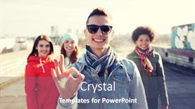  Presentation with people street - PPT layouts consisting of people friendship and international concept - happy young man or teenage boy in front of his friends showing ok sign on city street background and a ocean colored foreground