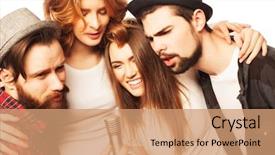  Presentation with big group people - PPT layouts enhanced with people friendship and leisure concept background and a coral colored foreground