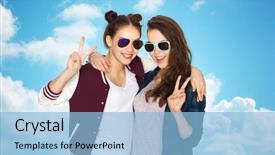  Presentation with teens - PPT layouts with people friendship fashion summer and teens concept - happy smiling pretty teenage girls in sunglasses showing peace hand sign over blue sky and clouds background background and a light blue colored foreground