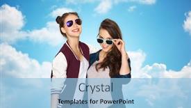  Presentation with teens - Presentation theme enhanced with people friendship fashion summer and teens concept - happy smiling pretty teenage girls in sunglasses over blue sky and clouds background background and a light blue colored foreground