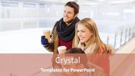  Presentation with paper cups - PPT theme featuring people friendship hot drinks and leisure concept - happy friends drinking from paper coffee cups on skating rink background and a coral colored foreground