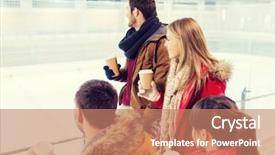 Presentation with paper cups - Audience pleasing slide deck consisting of people friendship hot drinks and leisure concept - happy friends drinking from paper coffee cups on skating rink backdrop and a coral colored foreground