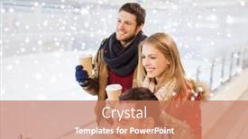  Presentation with paper cups - Amazing presentation design having people friendship hot drinks and leisure concept - happy friends drinking from paper coffee cups on skating rink backdrop and a coral colored foreground