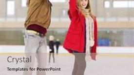  Presentation with rink - Audience pleasing PPT theme consisting of people friendship sport and leisure concept - happy couple holding hands on skating rink backdrop and a coral colored foreground