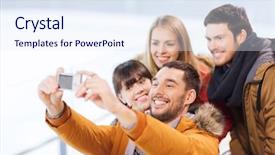  Presentation with rink - Amazing slide deck having people friendship technology and leisure concept - happy friends taking selfie with digital camera on skating rink backdrop and a sky blue colored foreground