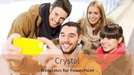  Presentation with rink - Presentation theme having people friendship technology and leisure concept - happy friends taking selfie with smartphone on skating rink background and a coral colored foreground