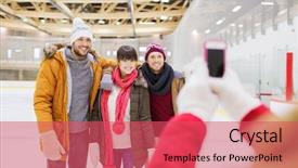  Presentation with rink - Slides featuring people friendship technology and leisure concept - happy friends taking photo with smartphone on skating rink background and a red colored foreground