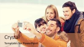  Presentation with rink - PPT layouts enhanced with people friendship technology and leisure concept - happy friends taking selfie with digital camera on skating rink background and a coral colored foreground