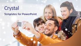  Presentation with rink - Theme enhanced with people friendship technology and leisure concept - happy friends taking selfie with digital camera on skating rink background and a sky blue colored foreground