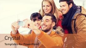  Presentation with rink - Colorful presentation design enhanced with people friendship technology and leisure concept - happy friends taking selfie with digital camera on skating rink backdrop and a coral colored foreground