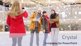  Presentation with rink - Presentation design featuring people friendship technology and leisure concept - happy friends taking photo with smartphone on skating rink background and a lemonade colored foreground