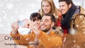  Presentation with rink - PPT theme with people friendship technology and leisure concept - happy friends taking selfie with digital camera on skating rink background and a coral colored foreground