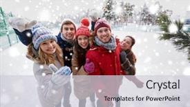  Presentation with ice rink - Amazing presentation design having people friendship technology and leisure concept - happy friends taking picture with smartphone selfie stick and showing thumbs up on ice skating rink outdoors backdrop and a light gray colored foreground