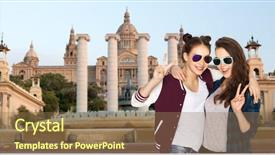  Presentation with teens - Beautiful presentation theme featuring people friendship travel tourism and teens concept - happy smiling pretty teenage girls in sunglasses showing peace hand sign over national museum of barcelona background backdrop and a coral colored foreground
