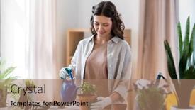  Presentation with home gardening - PPT theme with people-gardening-and-housework-concept background and a coral colored foreground