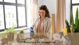  Presentation with home gardening - PPT theme with people-gardening-and-housework-concept background and a coral colored foreground