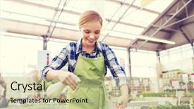  Presentation with sprayer - Beautiful PPT theme featuring people gardening and profession concept - happy woman or gardener with sprayer and seedling in greenhouse backdrop and a soft green colored foreground