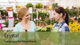  Presentation with consumerism - PPT theme enhanced with people gardening shopping sale and consumerism concept - happy gardener helping woman with choosing flowers in greenhouse background and a gold colored foreground