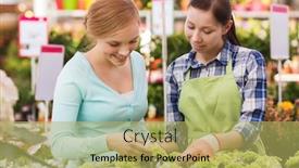  Presentation with consumerism - Slides with people gardening shopping sale and consumerism concept - happy gardener helping woman with choosing flowers in greenhouse background and a yellow colored foreground