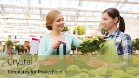  Presentation with consumerism - Slide deck consisting of people gardening shopping sale and consumerism concept - happy gardener helping woman with choosing flowers in greenhouse background and a yellow colored foreground