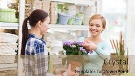  Presentation with consumerism - Slide set consisting of people gardening shopping sale and consumerism concept - happy gardener helping woman with choosing flowers in greenhouse or shop background and a coral colored foreground