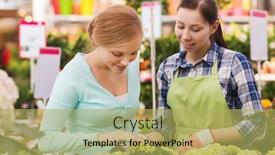  Presentation with consumerism - Audience pleasing PPT theme consisting of people gardening shopping sale and consumerism concept - happy gardener helping woman with choosing flowers in greenhouse backdrop and a yellow colored foreground