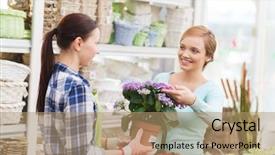  Presentation with consumerism - Beautiful presentation theme featuring people gardening shopping sale and consumerism concept - happy gardener helping woman with choosing flowers in greenhouse backdrop and a coral colored foreground