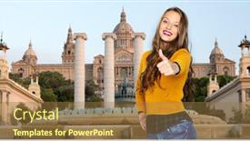  Presentation with casual young people - PPT theme enhanced with people gesture travel tourism and fashion concept - happy young woman or teen girl in casual clothes showing thumbs up over national museum of barcelona background background and a coral colored foreground