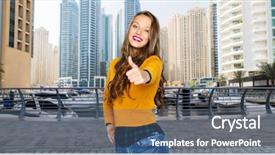  Presentation with casual young people - Beautiful slides featuring people gesture travel tourism and fashion concept - happy young woman or teen girl in casual clothes showing thumbs up over dubai city street background backdrop and a ocean colored foreground