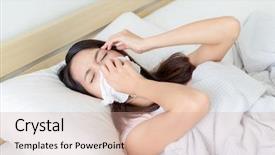  Presentation with doctor helps to get out of bed an elderly woman - Presentation enhanced with people getting coldness - woman feeling unwell and lying background and a coral colored foreground