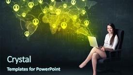  Presentation with social work research - PPT theme featuring people globe - businesswoman in office with laptop background and a wine colored foreground