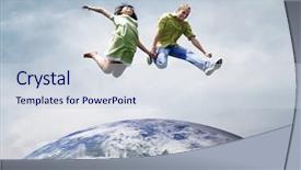  Presentation with earth planet globe - Colorful PPT layouts enhanced with people globe - fun couple in jump backdrop and a sky blue colored foreground