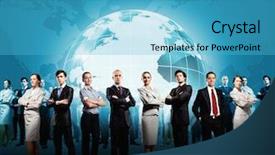  Presentation with globalization - Amazing PPT theme having people globe - group of successful confident businesspeople backdrop and a teal colored foreground