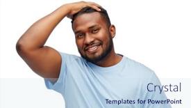 Presentation with young happy people smiling - Presentation featuring people-grooming-and-hairstyle-concept background and a light blue colored foreground