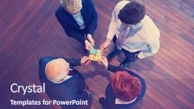  Presentation with team business top view - PPT layouts with people group assembling jigsaw puzzle background and a  colored foreground