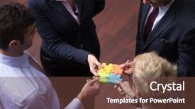  Presentation with team business top view - Amazing slide deck having people group assembling jigsaw puzzle backdrop and a  colored foreground