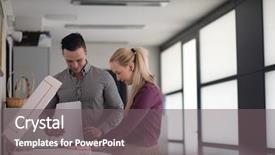  Presentation with machine - PPT theme with people group at modern office background and a gray colored foreground