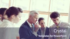  Presentation with board meeting - Slide deck with people group brainstorming on meeting background and a violet colored foreground