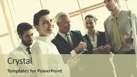  Presentation with board meeting - Slide deck enhanced with people group brainstorming on meeting background and a soft green colored foreground